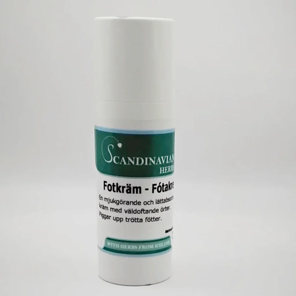 A white bottle of Scandinavian Herbs Fotkräm, with a teal label, features Swedish text detailing its efficacy against foot odor and tired feet. Its a softening and lightly absorbed cream for försiktig fotvård, infused with Icelandic herbs.