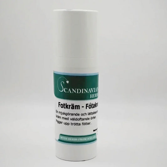 A white bottle of Scandinavian Herbs Fotkräm, with a teal label, features Swedish text detailing its efficacy against foot odor and tired feet. Its a softening and lightly absorbed cream for försiktig fotvård, infused with Icelandic herbs.