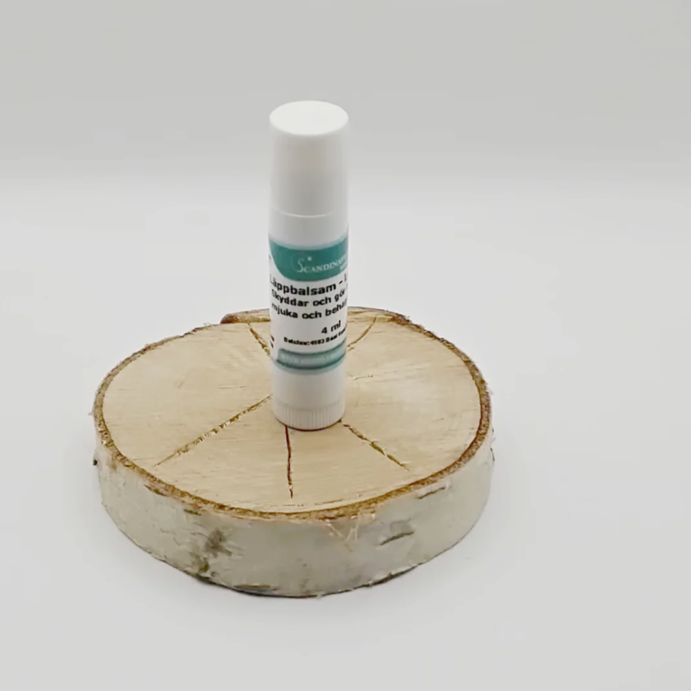 A tube of Läppbalsam - för alla årstider by Scandinavian Herbs, featuring a turquoise label, stands upright on a circular wooden slice with visible grain patterns. Enriched with sheasmör and vegetabiliska oljor, it is set against a plain, gradient white background.