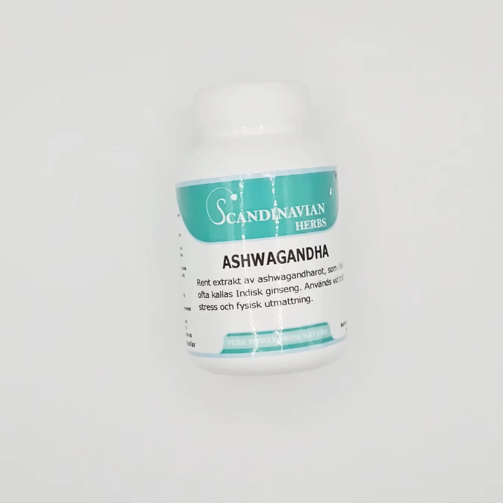 Scandinavian Herbs offers Ashwagandha - bra vid stress och trötthet in a white bottle with a teal label, showcasing Withania Somnifera, known as Indian ginseng in Ayurveda, reputed for alleviating stress and fatigue.