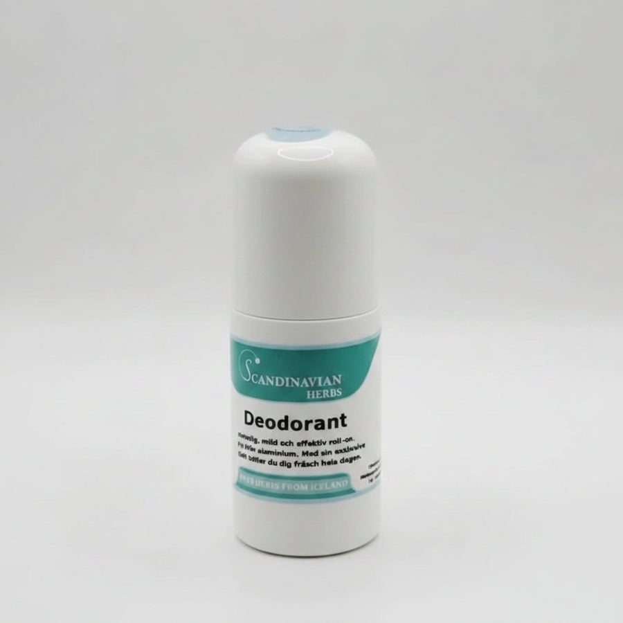 A white cylindrical deodorant bottle labeled Deodorant - naturlig och aluminiumfri by Scandinavian Herbs, meant for känslig hud and made with naturliga ingredienser, sits beside a whole yellow lemon on a white background.