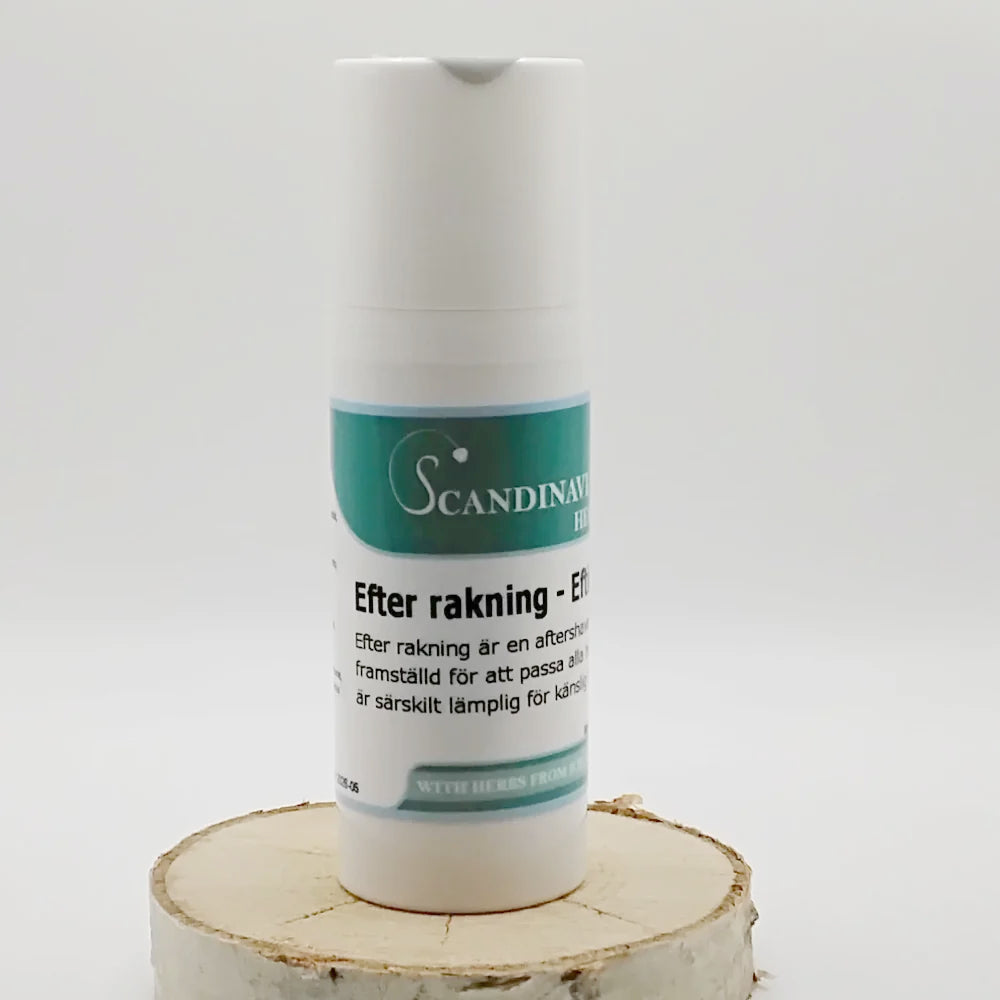 A white bottle with a teal label reading Efter rakning kräm - after shave by Scandinavian Herbs stands on a wooden slice. Its enriched with naturliga oljor for känslig hy, suggesting an aftershave product. The background is plain and white.