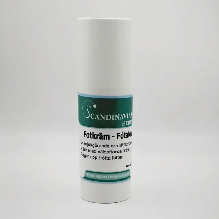 A white bottle of Scandinavian Herbs Fotkräm, with a teal label, features Swedish text detailing its efficacy against foot odor and tired feet. Its a softening and lightly absorbed cream for försiktig fotvård, infused with Icelandic herbs.