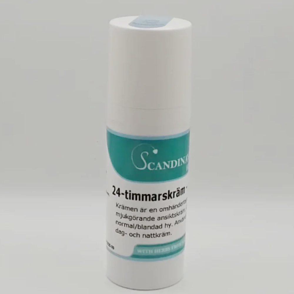 A cylindrical white bottle with a teal label shows Swedish product details, marked as 24-timmars kräm - för yngre hud by Scandinavian Herbs for face care. Its suited for normal to combination skin, offering läkande effekter for a restorative touch.