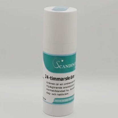 A cylindrical white bottle with a teal label shows Swedish product details, marked as 24-timmars kräm - för yngre hud by Scandinavian Herbs for face care. Its suited for normal to combination skin, offering läkande effekter for a restorative touch.