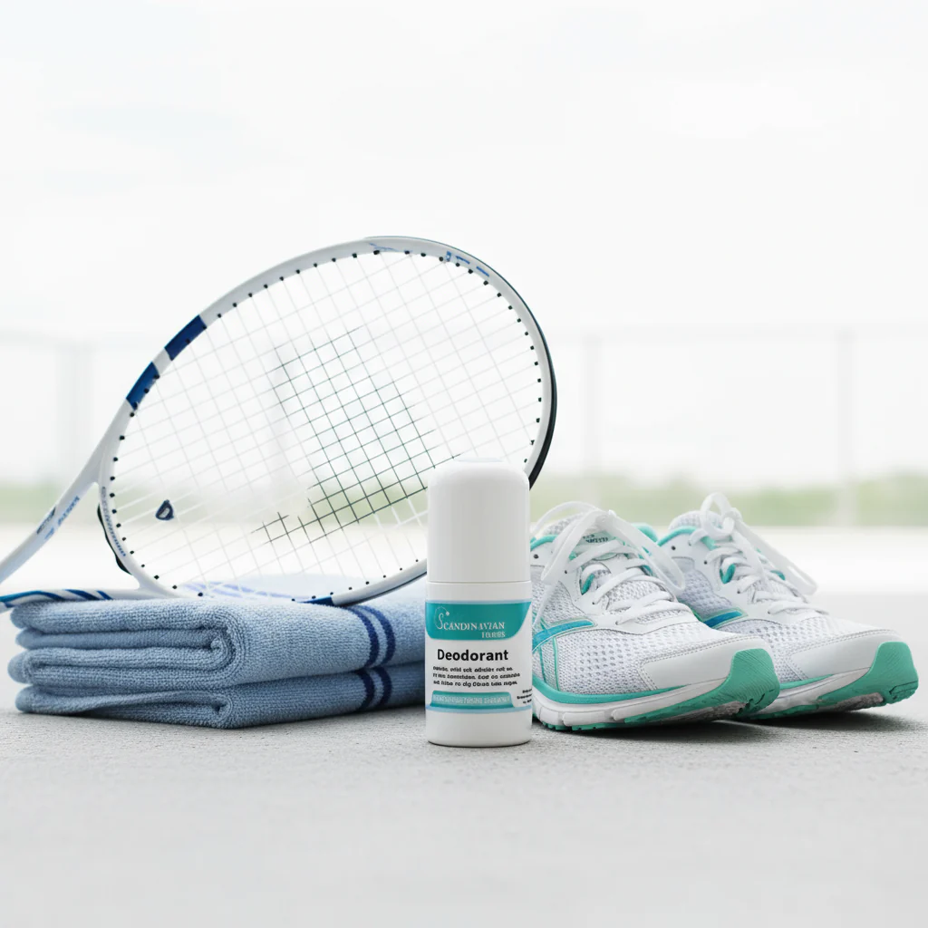 Deodorant i fokus med tennisrack, handduk och damsportskor