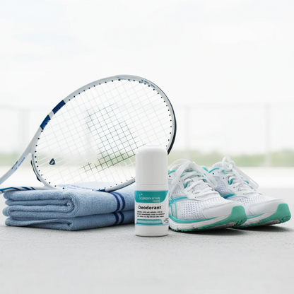 Deodorant i fokus med tennisrack, handduk och damsportskor