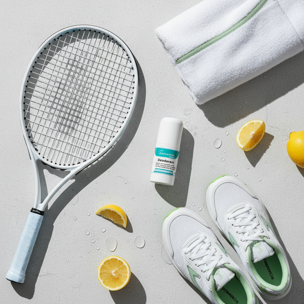 Deodorant med tennisrack, handduk och damsportskor