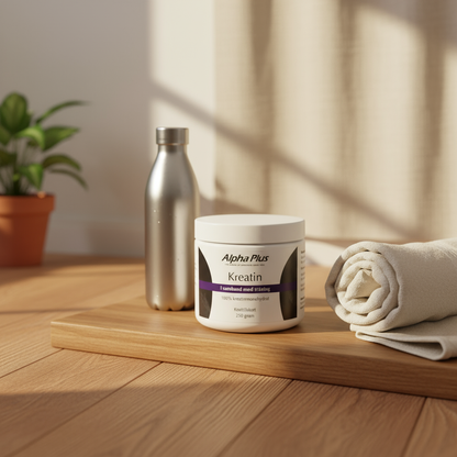 Kreatin hemma-träning med vattenflaska och handduk