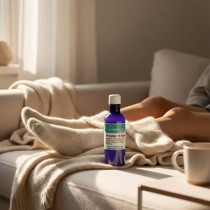 M-mjölk med stickade strumpor och filt