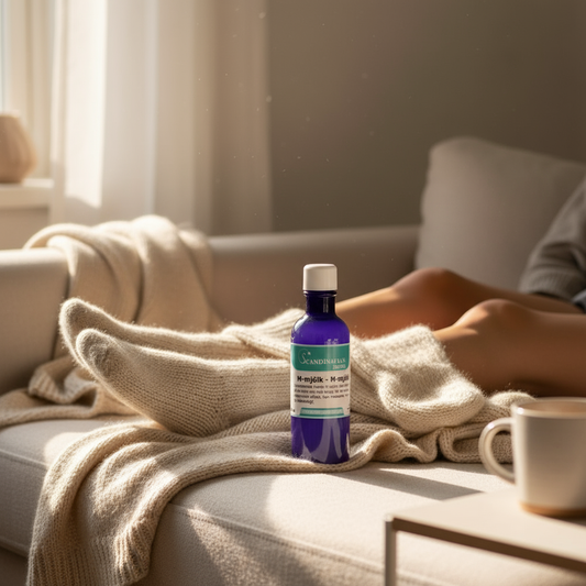 M-mjölk med stickade strumpor och filt