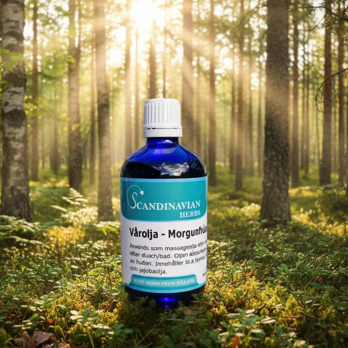 Vårolja från Scandinavian Herbs i en solbelyst nordisk skog